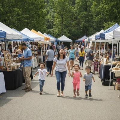 Diverse family enjoying a community festival in Sevierville, TN, with local vendors and music