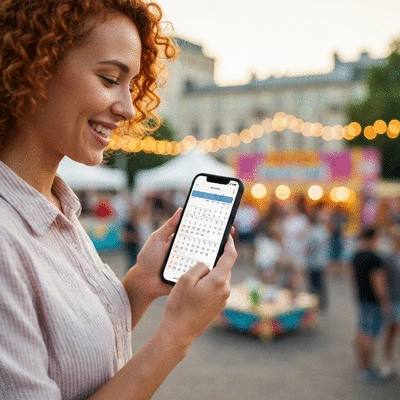 Person using a smartphone to check an event calendar, surrounded by blurred city lights