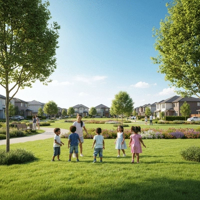 Family with young children playing in a safe, green park with modern houses in the background