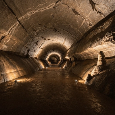 Inside Forbidden Caverns, showing onyx walls and rock formations