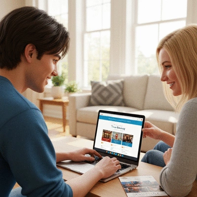 Couple happily booking event tickets online on a laptop, with a Sevierville brochure nearby