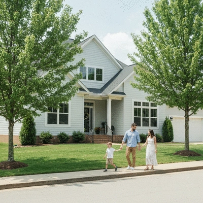 Modern house in a green suburban neighborhood in Sevierville, TN, with a family walking on the sidewalk