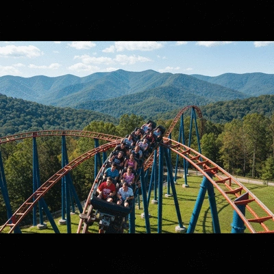 Family enjoying a scenic roller coaster ride at SkyLand Ranch with Smoky Mountains in the background