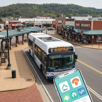 Sevierville trolley service and rideshare apps on a smartphone
