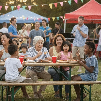 Families enjoying a BBQ festival with live music