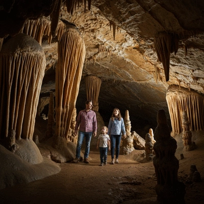 Family with children exploring a dimly lit cavern with stalagmites and stalactites